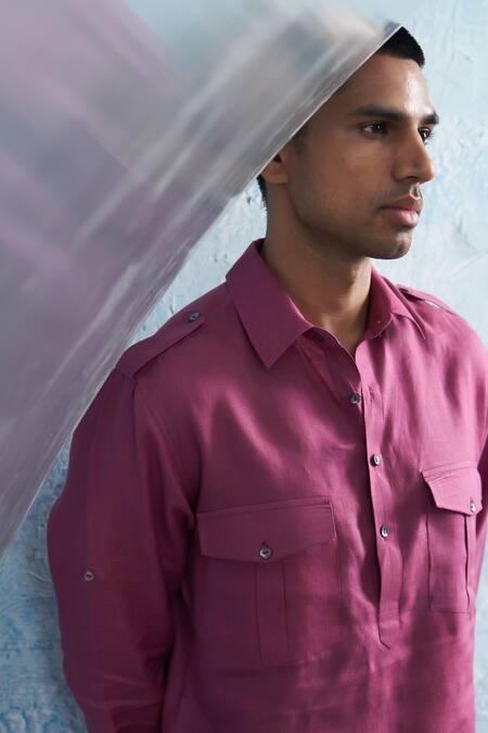 Charkhee_Pink Linen, Cotton Satin Grape Solid Pathani Kurta Set _at_Aza_Fashions