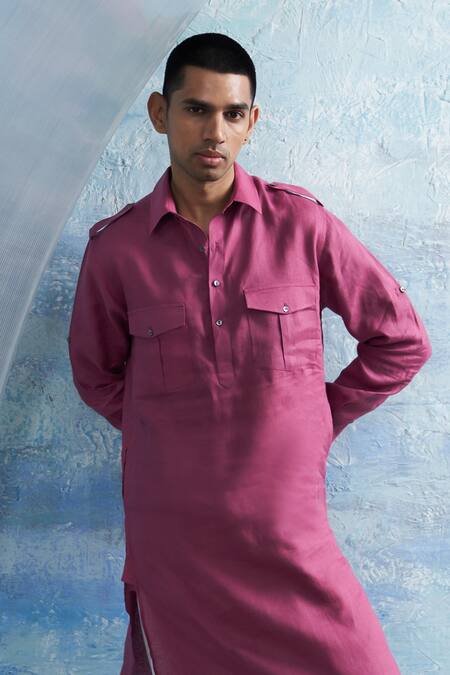 Buy_Charkhee_Pink Linen, Cotton Satin Grape Solid Pathani Kurta Set 