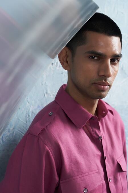 Shop_Charkhee_Pink Linen, Cotton Satin Grape Solid Pathani Kurta Set 