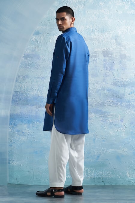 Shop Charkhee Blue Linen, Cotton Satin Plain Pathani Kurta With Salwar at Aza Fashions Shop_Charkhee_Blue Linen, Cotton Satin Plain Pathani Kurta With Salwar _at_Aza_Fashions