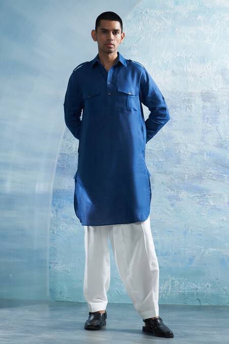 Charkhee Blue Linen, Cotton Satin Plain Pathani Kurta With Salwar Online at Aza Fashions Charkhee_Blue Linen, Cotton Satin Plain Pathani Kurta With Salwar _Online_at_Aza_Fashions