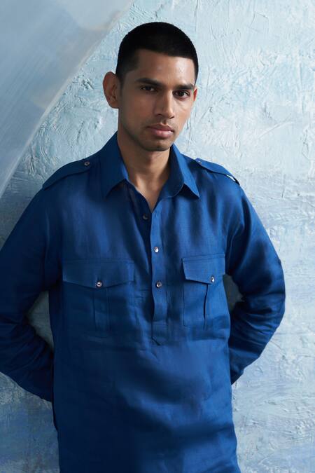 Shop Charkhee Blue Linen, Cotton Satin Plain Pathani Kurta With Salwar Online at Aza Fashions Shop_Charkhee_Blue Linen, Cotton Satin Plain Pathani Kurta With Salwar _Online_at_Aza_Fashions