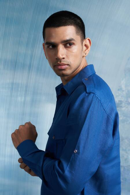 Buy Charkhee Blue Linen, Cotton Satin Plain Pathani Kurta With Salwar Buy_Charkhee_Blue Linen, Cotton Satin Plain Pathani Kurta With Salwar