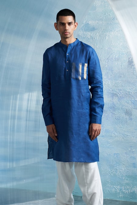 Charkhee Blue Kurta Linen Stripe Pocket With Salwar 