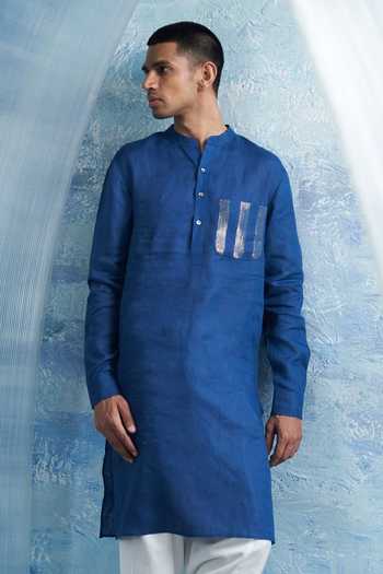 Charkhee_Blue Linen, Cotton Satin Zari Stripe Pocket Kurta With Salwar _Online_at_Aza_Fashions
