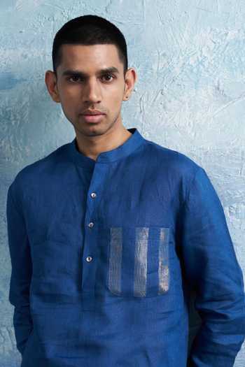 Buy_Charkhee_Blue Linen, Cotton Satin Zari Stripe Pocket Kurta With Salwar _Online_at_Aza_Fashions