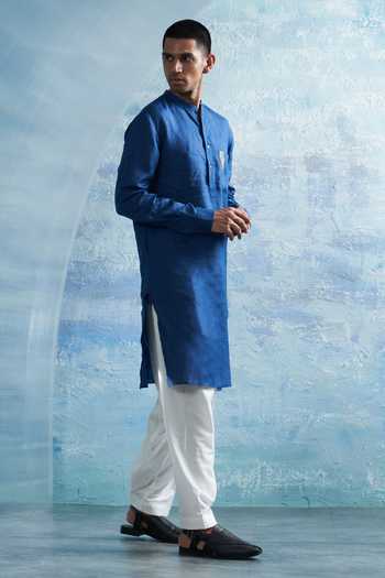 Shop_Charkhee_Blue Linen, Cotton Satin Zari Stripe Pocket Kurta With Salwar _Online_at_Aza_Fashions