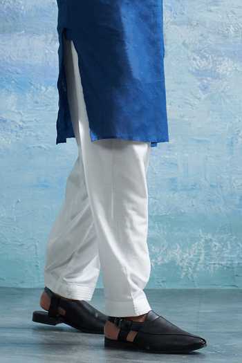 Charkhee_Blue Linen, Cotton Satin Zari Stripe Pocket Kurta With Salwar _at_Aza_Fashions
