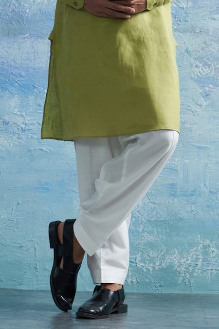 Charkhee_Green Linen, Cotton Satin Solid Straight Kurta With Salwar _Online_at_Aza_Fashions