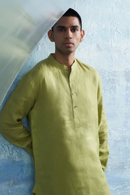 Buy_Charkhee_Green Linen, Cotton Satin Solid Straight Kurta With Salwar _Online_at_Aza_Fashions