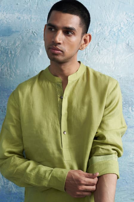 Shop_Charkhee_Green Linen, Cotton Satin Solid Straight Kurta With Salwar _Online_at_Aza_Fashions