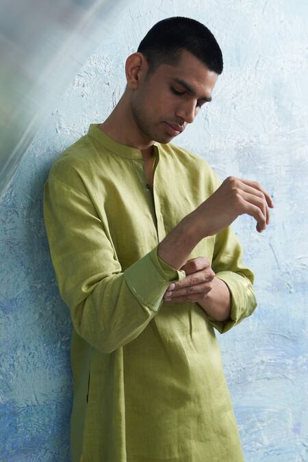 Charkhee_Green Linen, Cotton Satin Solid Straight Kurta With Salwar _at_Aza_Fashions