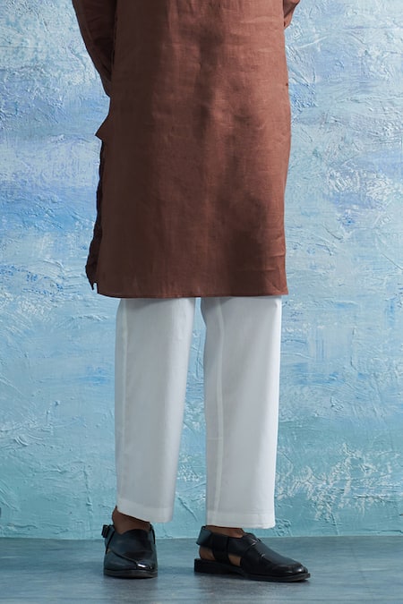 Charkhee_Brown Linen, Cotton Satin Straight Solid Kurta With Salwar _Online_at_Aza_Fashions