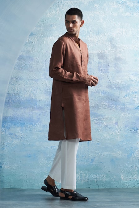 Buy_Charkhee_Brown Linen, Cotton Satin Straight Solid Kurta With Salwar _Online_at_Aza_Fashions