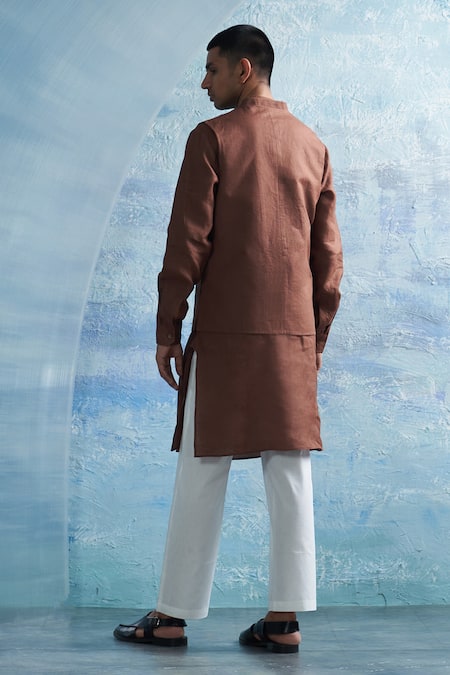 Shop Charkhee Brown Linen, Cotton Satin, Poplin Solid Asymmetric Bundi Kurta Set at Aza Fashions Shop_Charkhee_Brown Linen, Cotton Satin, Poplin Solid Asymmetric Bundi Kurta Set _at_Aza_Fashions