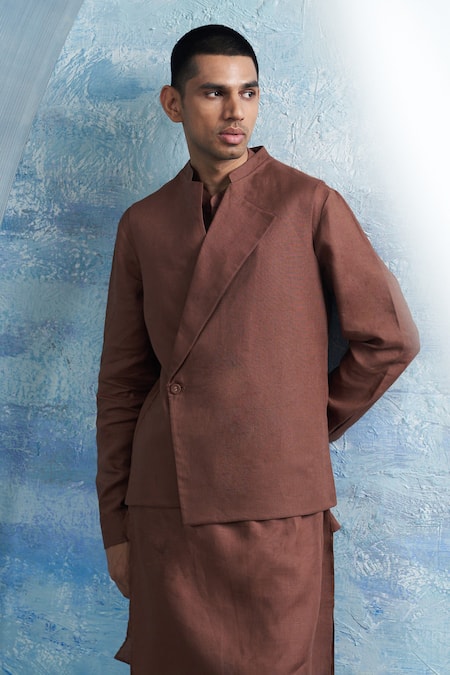 Shop Charkhee Brown Linen, Cotton Satin, Poplin Solid Asymmetric Bundi Kurta Set Online at Aza Fashions Shop_Charkhee_Brown Linen, Cotton Satin, Poplin Solid Asymmetric Bundi Kurta Set _Online_at_Aza_Fashions
