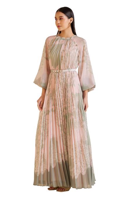 Pankaj & Nidhi_Green Chiffon Round Neck Cypress Floral Print Pleated Dress _Online_at_Aza_Fashions