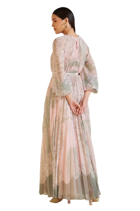 Buy_Pankaj & Nidhi_Green Chiffon Round Neck Cypress Floral Print Pleated Dress _Online_at_Aza_Fashions