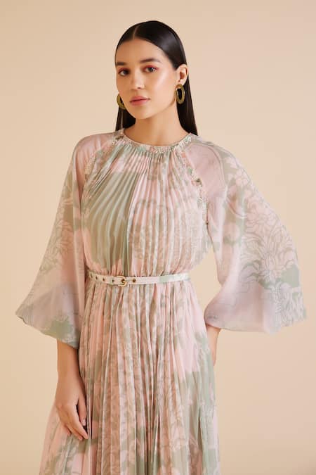 Shop_Pankaj & Nidhi_Green Chiffon Round Neck Cypress Floral Print Pleated Dress _Online_at_Aza_Fashions