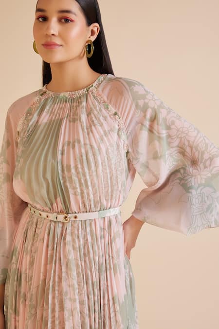 Pankaj & Nidhi_Green Chiffon Round Neck Cypress Floral Print Pleated Dress _at_Aza_Fashions