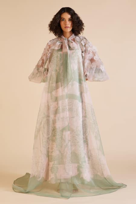 Pankaj & Nidhi Green Organza Printed Cypress Sleeve Embellished Cape With Dress  