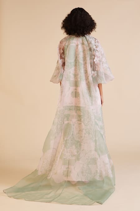 Shop Pankaj & Nidhi Green Organza Embroidery Keyhole Neck Cypress Sleeve Embellished Cape With Dress at Aza Fashions Shop_Pankaj & Nidhi_Green Organza Embroidery Keyhole Neck Cypress Sleeve Embellished Cape With Dress _at_Aza_Fashions