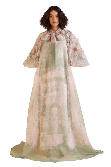 Pankaj & Nidhi Green Organza Embroidery Keyhole Neck Cypress Sleeve Embellished Cape With Dress Online at Aza Fashions Pankaj & Nidhi_Green Organza Embroidery Keyhole Neck Cypress Sleeve Embellished Cape With Dress _Online_at_Aza_Fashions