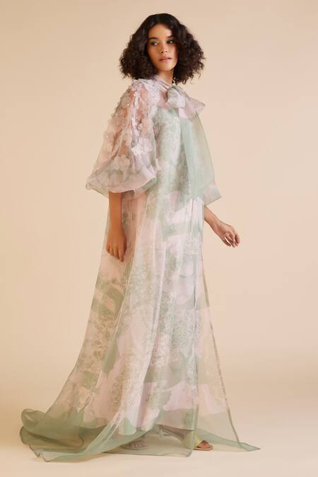 Buy Pankaj & Nidhi Green Organza Embroidery Keyhole Neck Cypress Sleeve Embellished Cape With Dress Online at Aza Fashions Buy_Pankaj & Nidhi_Green Organza Embroidery Keyhole Neck Cypress Sleeve Embellished Cape With Dress _Online_at_Aza_Fashions