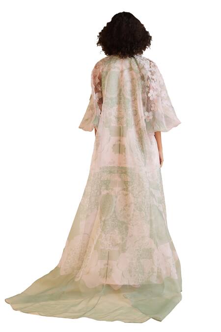 Shop Pankaj & Nidhi Green Organza Embroidery Keyhole Neck Cypress Sleeve Embellished Cape With Dress Online at Aza Fashions Shop_Pankaj & Nidhi_Green Organza Embroidery Keyhole Neck Cypress Sleeve Embellished Cape With Dress _Online_at_Aza_Fashions
