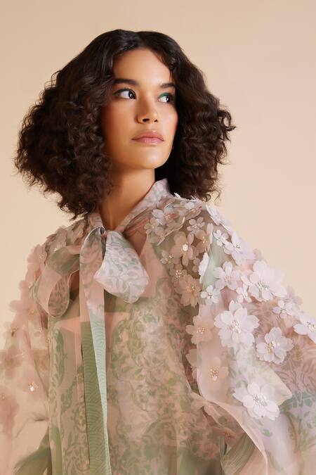 Pankaj & Nidhi Green Organza Embroidery Keyhole Neck Cypress Sleeve Embellished Cape With Dress at Aza Fashions Pankaj & Nidhi_Green Organza Embroidery Keyhole Neck Cypress Sleeve Embellished Cape With Dress _at_Aza_Fashions