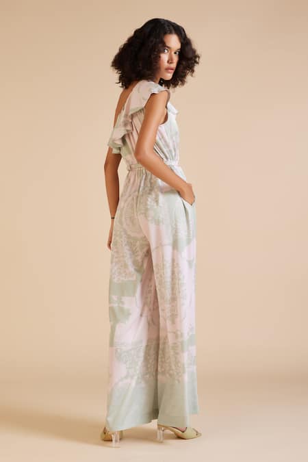 Shop Pankaj & Nidhi Green Satin Studs One Shoulder Cypress Printed Jumpsuit at Aza Fashions Shop_Pankaj & Nidhi_Green Satin Studs One Shoulder Cypress Printed Jumpsuit _at_Aza_Fashions