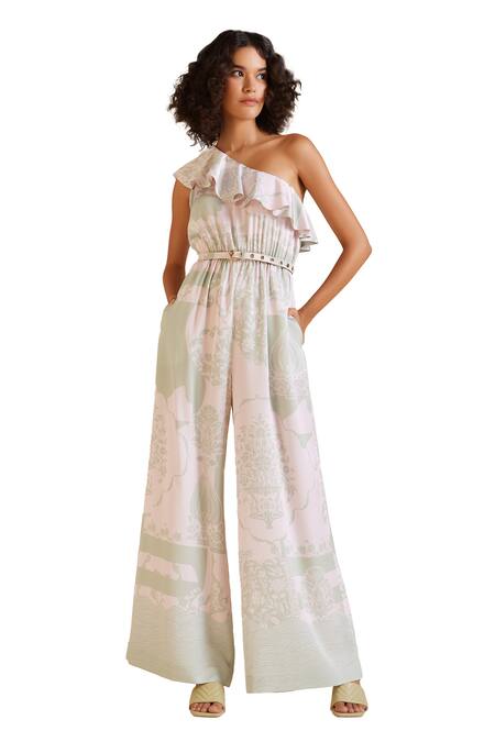 Pankaj & Nidhi Green Satin Studs One Shoulder Cypress Printed Jumpsuit Online at Aza Fashions Pankaj & Nidhi_Green Satin Studs One Shoulder Cypress Printed Jumpsuit _Online_at_Aza_Fashions