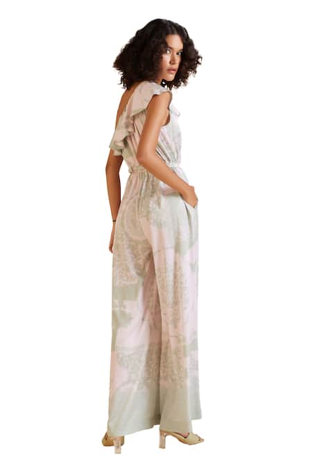 Buy Pankaj & Nidhi Green Satin Studs One Shoulder Cypress Printed Jumpsuit Online at Aza Fashions Buy_Pankaj & Nidhi_Green Satin Studs One Shoulder Cypress Printed Jumpsuit _Online_at_Aza_Fashions