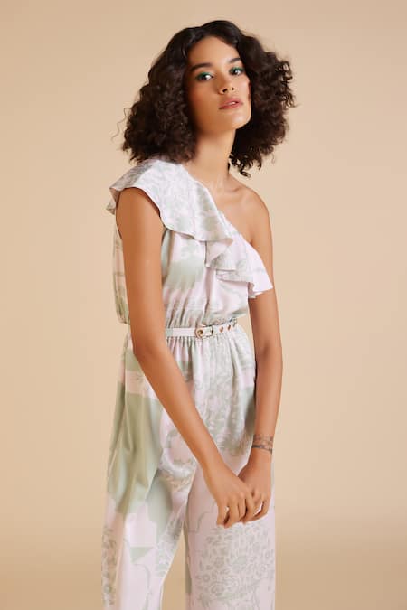 Shop Pankaj & Nidhi Green Satin Studs One Shoulder Cypress Printed Jumpsuit Online at Aza Fashions Shop_Pankaj & Nidhi_Green Satin Studs One Shoulder Cypress Printed Jumpsuit _Online_at_Aza_Fashions