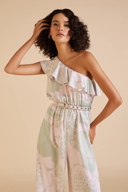 Pankaj & Nidhi Green Satin Studs One Shoulder Cypress Printed Jumpsuit at Aza Fashions Pankaj & Nidhi_Green Satin Studs One Shoulder Cypress Printed Jumpsuit _at_Aza_Fashions