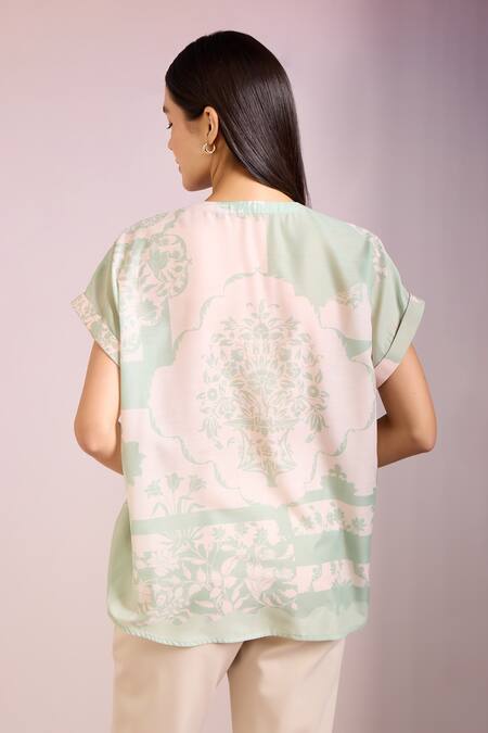 Shop Pankaj & Nidhi Green Cotton, Silk Embroidery, Sequins Round Neck Cypress Floral Print Top at Aza Fashions Shop_Pankaj & Nidhi_Green Cotton, Silk Embroidery, Sequins Round Neck Cypress Floral Print Top _at_Aza_Fashions