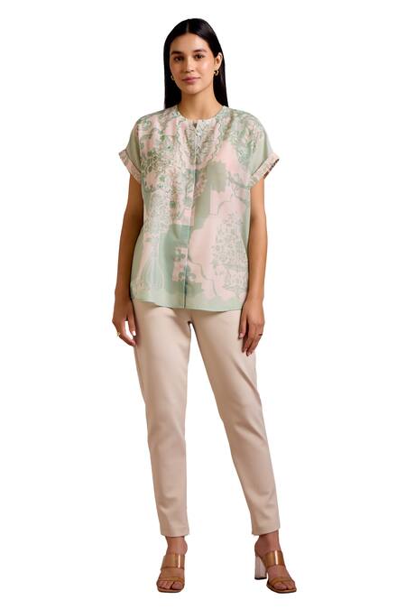 Pankaj & Nidhi Green Cotton, Silk Embroidery, Sequins Round Neck Cypress Floral Print Top Online at Aza Fashions Pankaj & Nidhi_Green Cotton, Silk Embroidery, Sequins Round Neck Cypress Floral Print Top _Online_at_Aza_Fashions