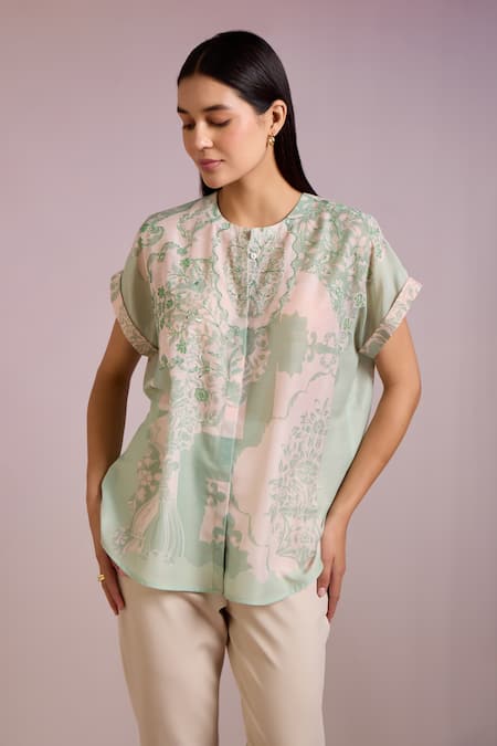Buy Pankaj & Nidhi Green Cotton, Silk Embroidery, Sequins Round Neck Cypress Floral Print Top Online at Aza Fashions Buy_Pankaj & Nidhi_Green Cotton, Silk Embroidery, Sequins Round Neck Cypress Floral Print Top _Online_at_Aza_Fashions