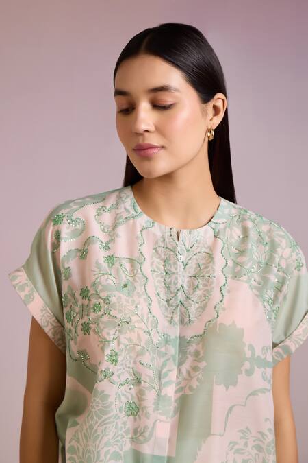 Shop Pankaj & Nidhi Green Cotton, Silk Embroidery, Sequins Round Neck Cypress Floral Print Top Online at Aza Fashions Shop_Pankaj & Nidhi_Green Cotton, Silk Embroidery, Sequins Round Neck Cypress Floral Print Top _Online_at_Aza_Fashions