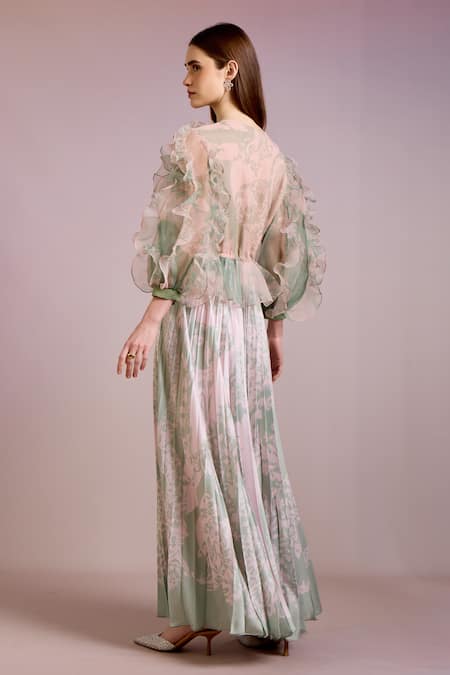 Shop Pankaj & Nidhi Green Organza, Satin Embroidery, Sequins V-neck Cypress Floral Print Maxi Dress at Aza Fashions Shop_Pankaj & Nidhi_Green Organza, Satin Embroidery, Sequins V-neck Cypress Floral Print Maxi Dress _at_Aza_Fashions