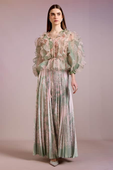 Pankaj & Nidhi Green Organza, Satin Embroidery, Sequins V-neck Cypress Floral Print Maxi Dress Online at Aza Fashions Pankaj & Nidhi_Green Organza, Satin Embroidery, Sequins V-neck Cypress Floral Print Maxi Dress _Online_at_Aza_Fashions