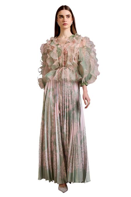 Buy Pankaj & Nidhi Green Organza, Satin Embroidery, Sequins V-neck Cypress Floral Print Maxi Dress Online at Aza Fashions Buy_Pankaj & Nidhi_Green Organza, Satin Embroidery, Sequins V-neck Cypress Floral Print Maxi Dress _Online_at_Aza_Fashions