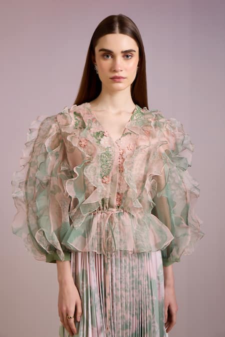 Shop Pankaj & Nidhi Green Organza, Satin Embroidery, Sequins V-neck Cypress Floral Print Maxi Dress Online at Aza Fashions Shop_Pankaj & Nidhi_Green Organza, Satin Embroidery, Sequins V-neck Cypress Floral Print Maxi Dress _Online_at_Aza_Fashions