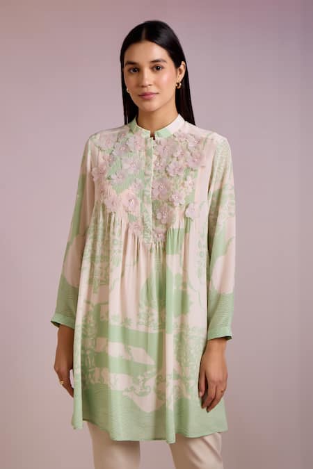 Buy_Pankaj & Nidhi_Green Silk, Crepe Embroidery, Applique Mandarin Cypress Floral Print Kurta _Online_at_Aza_Fashions