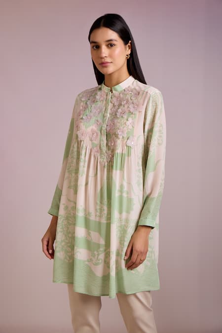 Shop_Pankaj & Nidhi_Green Silk, Crepe Embroidery, Applique Mandarin Cypress Floral Print Kurta _Online_at_Aza_Fashions
