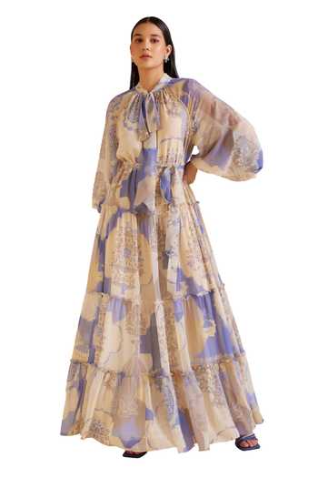 Pankaj & Nidhi_Yellow Chiffon Collared Dome Floral Print Tiered Dress _Online_at_Aza_Fashions