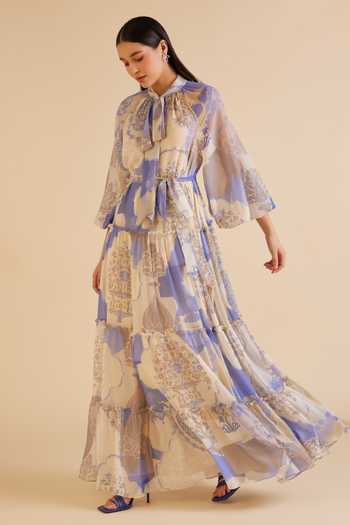 Buy_Pankaj & Nidhi_Yellow Chiffon Collared Dome Floral Print Tiered Dress _Online_at_Aza_Fashions