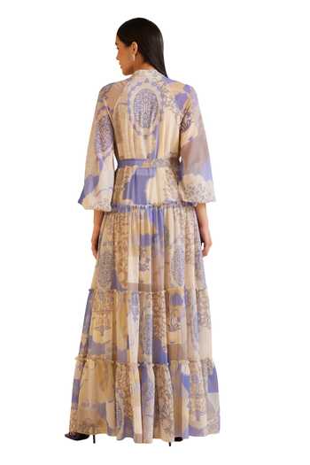 Shop_Pankaj & Nidhi_Yellow Chiffon Collared Dome Floral Print Tiered Dress _Online_at_Aza_Fashions