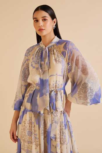 Pankaj & Nidhi_Yellow Chiffon Collared Dome Floral Print Tiered Dress _at_Aza_Fashions