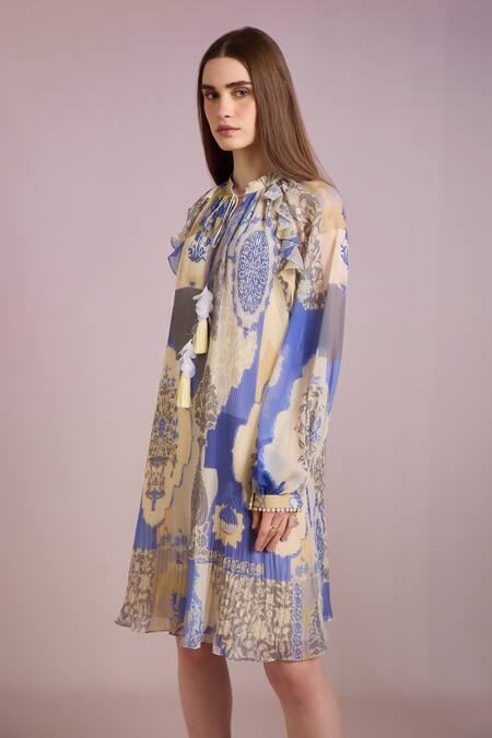 Pankaj & Nidhi Yellow Chiffon Tassels Keyhole Neck Mughal Floral Print Dress Online at Aza Fashions Pankaj & Nidhi_Yellow Chiffon Tassels Keyhole Neck Mughal Floral Print Dress _Online_at_Aza_Fashions